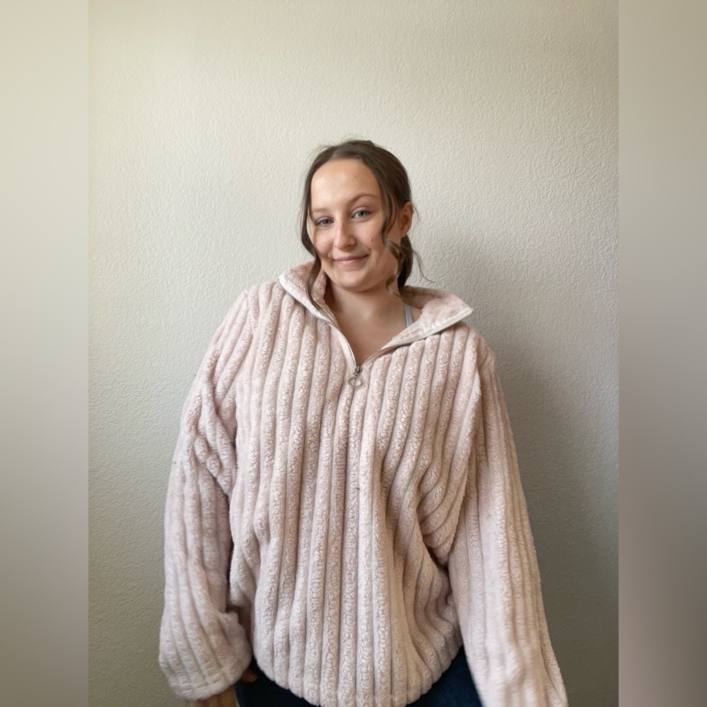 Fluffy Pink Ribbed Quarter Zip Up